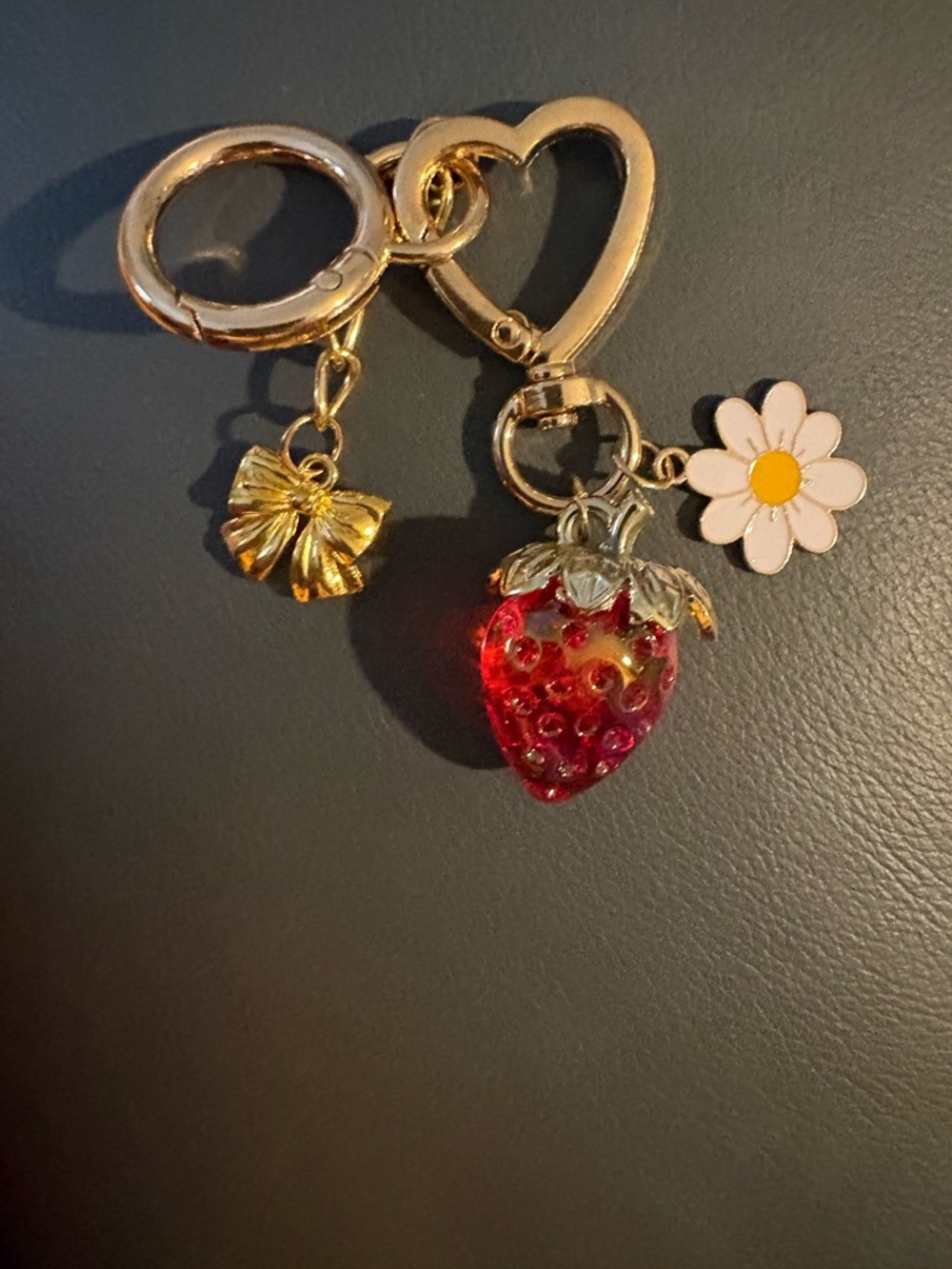 Gold Strawberry & Daisy Keychain Card Holder Charm - Pink/Red. NWOT